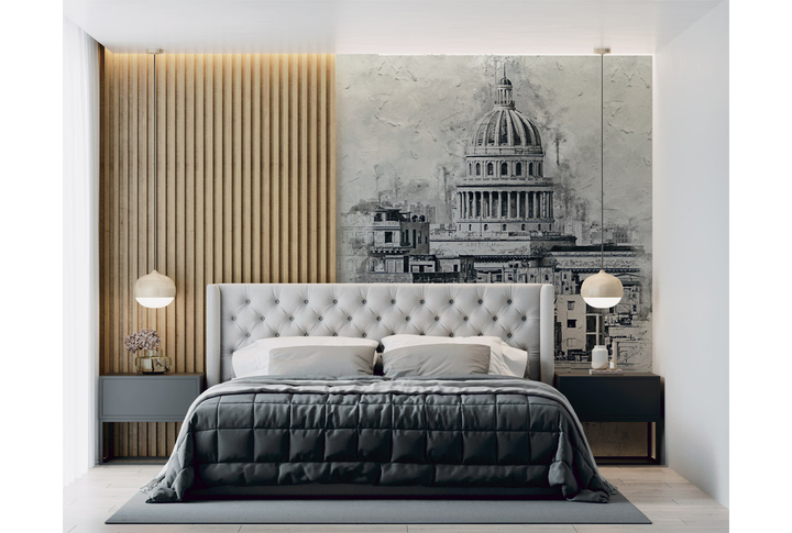 Фотообои «Архитектура черно-белого города под графику на бетоне» в интерьере