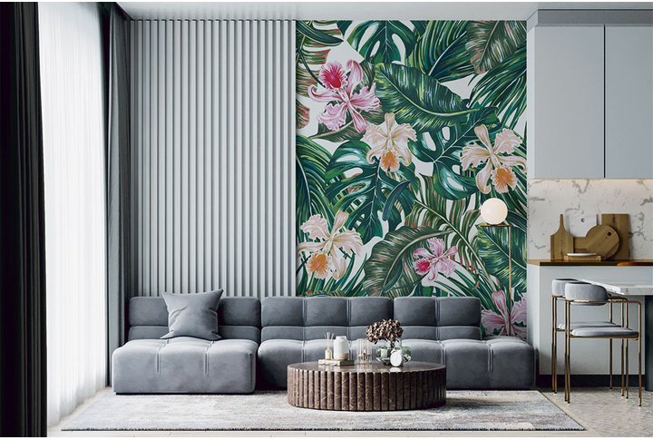 Фотообои «Орхидеи, тропические листья монстеры и пальмы» в интерьере