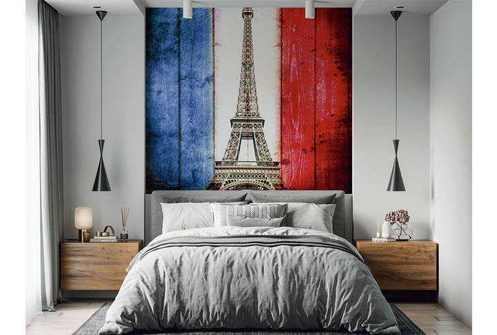 Фотообои «Парижский этюд, Эйфелева башня на досках» в интерьере