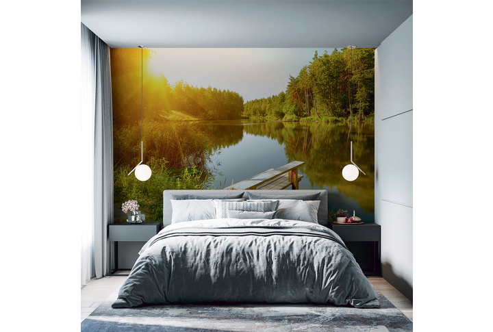 Фотообои «Утро на озере, природа с лесом у реки» в интерьере