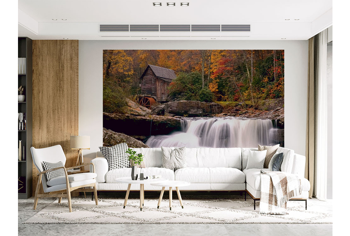Фотообои «Водопад в осеннем лесу и мельница у реки» в интерьере
