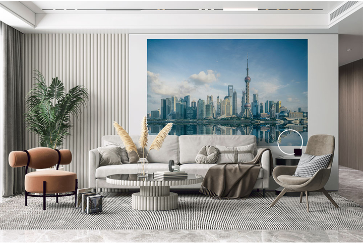 Фотообои «Город Шанхай в отражении воды» в интерьере