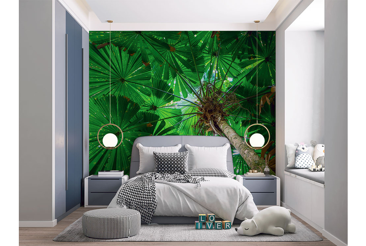 Фотообои «Зеленая крона тропического дерева» в интерьере