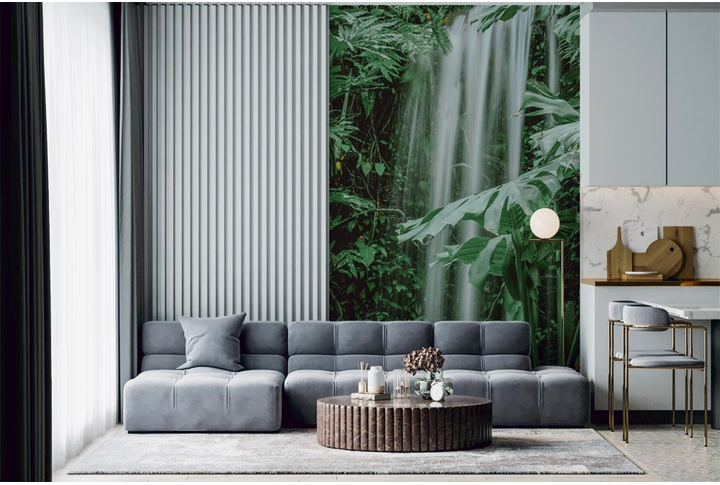 Фотообои «Водопад в джунглях, тропическая монстера» в интерьере