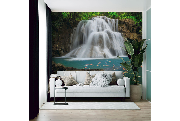 Фотообои «Лесной водопад у озера с рыбками» в интерьере