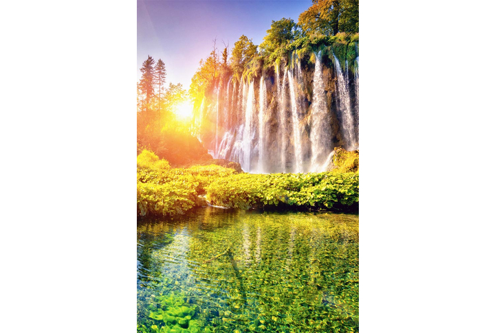 Фотообои «Горы с водопадами у озера на закате»