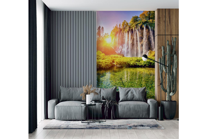 Фотообои «Горы с водопадами у озера на закате» в интерьере