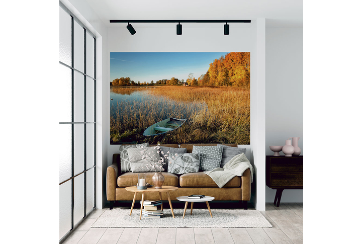 Фотообои «Приода осень, лодочка на озере в лесу» в интерьере
