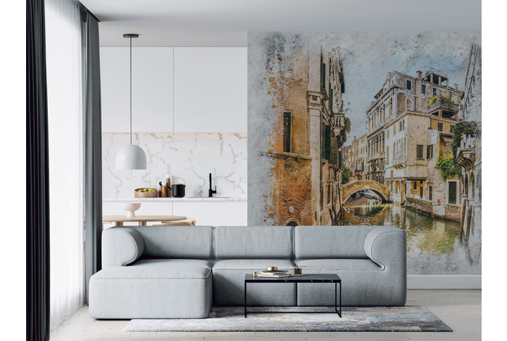 Фотообои «Венеция, улица во дворах, акварель на бетоне» в интерьере