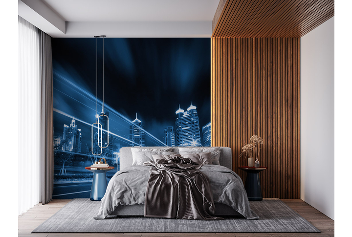 Фотообои «Ночной город у дороги» в интерьере