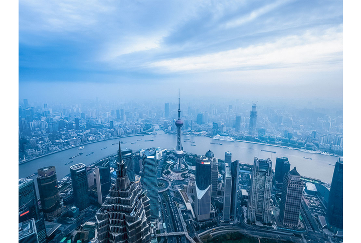 Фотообои «Панорама города в тумане с высоты, Шанхай»