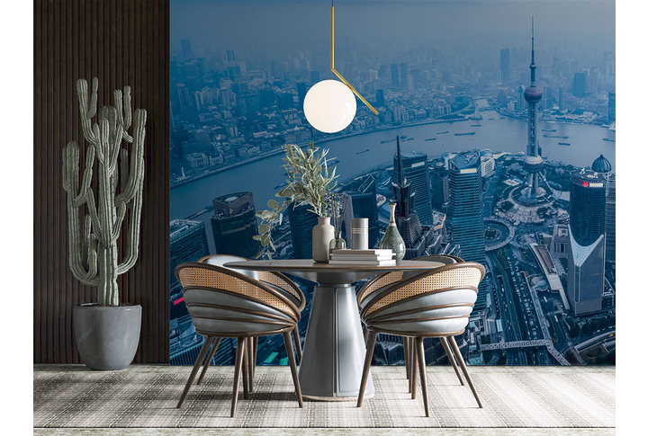 Фотообои «Панорама города в тумане с высоты, Шанхай» в интерьере