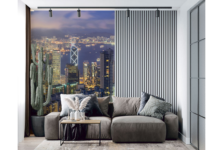 Фотообои «Туманный город Гонконг ночью» в интерьере