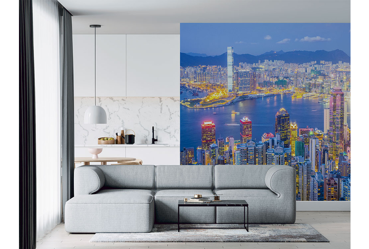 Фотообои «Ночной город в неоновых огнях, Гонконг» в интерьере