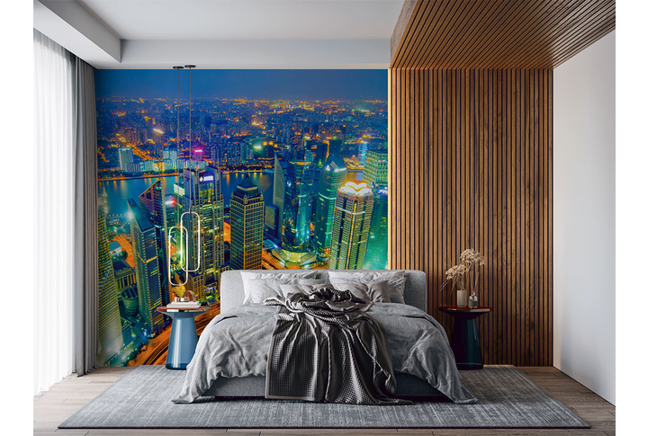 Фотообои «Над ночным городом Шанхаем» в интерьере