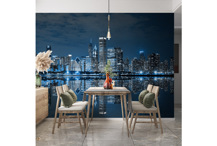 Фотообои «Панорамный вид ночного города Чикаго» в интерьере