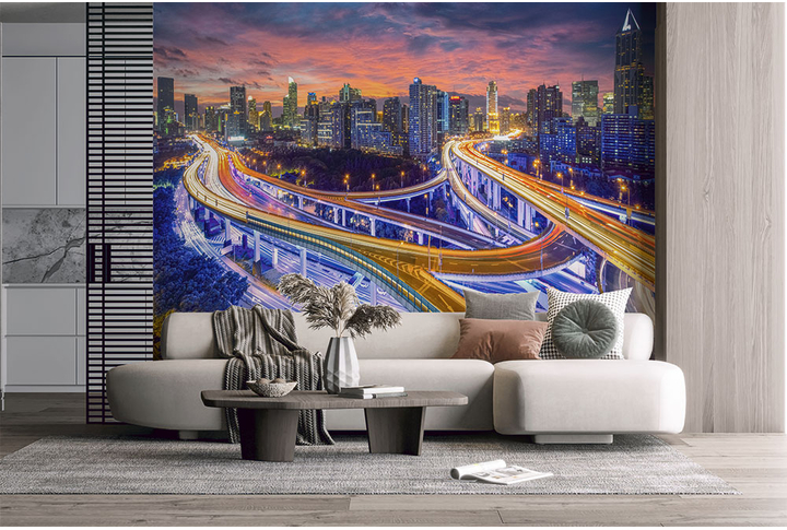 Фотообои «Город Шанхай с ночными дорогами» в интерьере