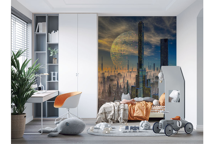 Фотообои «Фантастический город будущего» в интерьере