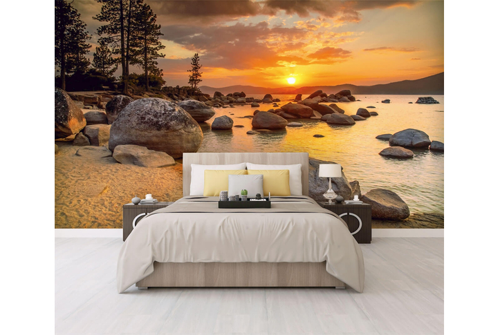 Фотообои «Закат над озером с камнями» в интерьере