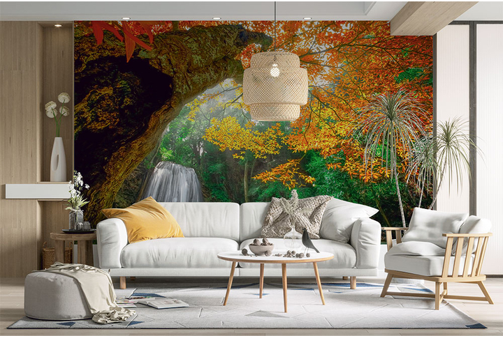 Фотообои «Водопад в осеннем лесу» в интерьере
