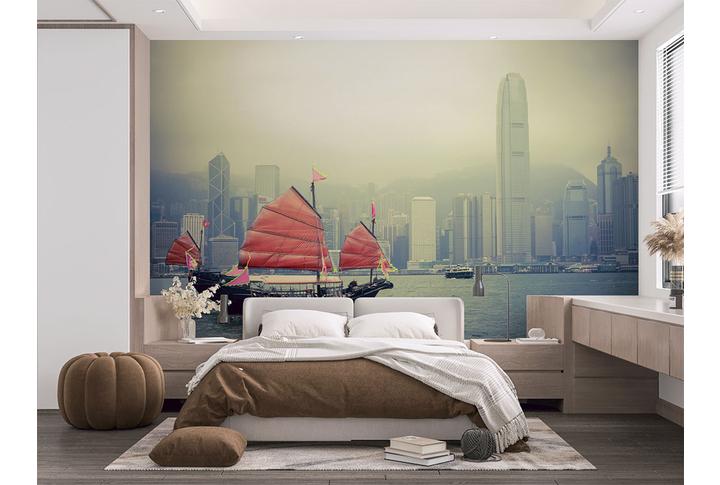 Фотообои «Алые паруса и небоскребы в тумане» в интерьере
