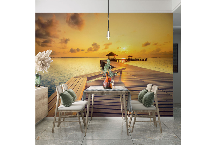 Фотообои «Мост на набережной на закате» в интерьере