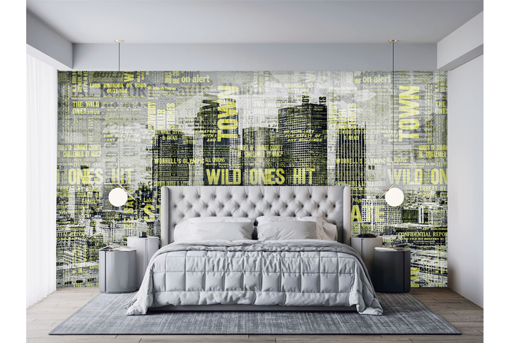 Фотообои «Город и желтые надписи в стиле гранж» в интерьере
