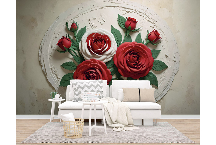 Фотообои «Барельеф с красными розами» в интерьере