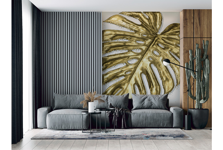 Фотообои «Монстера под золото» в интерьере