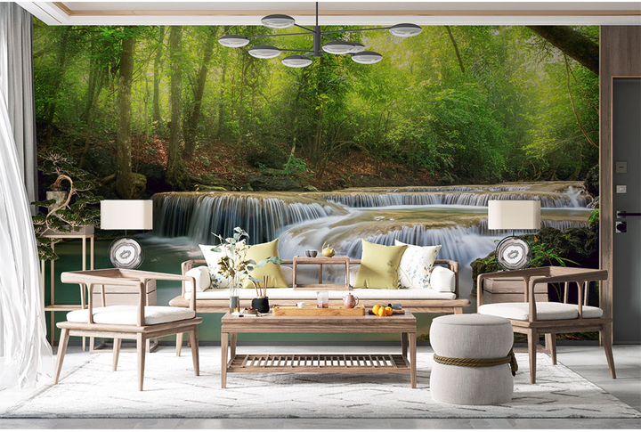 Фотообои «Водопад в лесной глуши» в интерьере