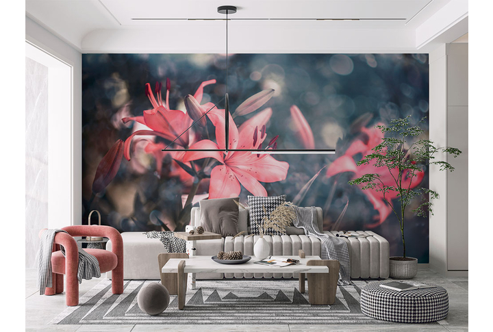 Фотообои «Розовые лилии в саду» в интерьере