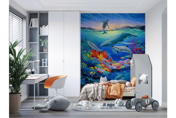 Фотообои «Подводный мир с дельфинами и китами» в интерьере