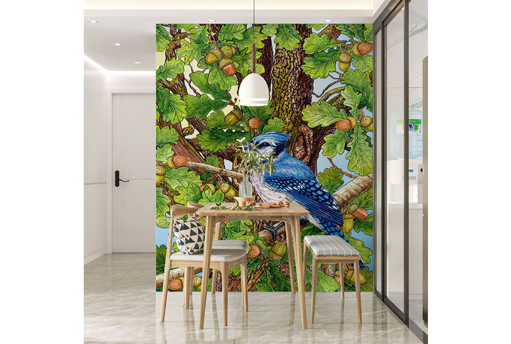 Фотообои «Птичка на ветке дуба» в интерьере