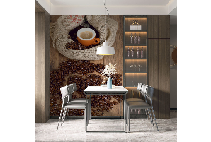Фотообои «Чашка кофе и кофейные зерна на досках» в интерьере
