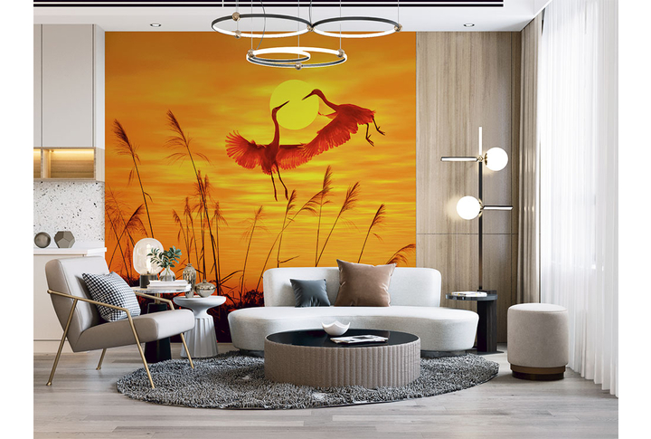 Фотообои «Танец журавлей на закате» в интерьере