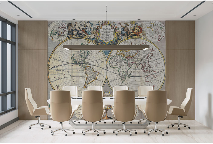 Фотообои «Карта мира с античными иллюстрациями» в интерьере