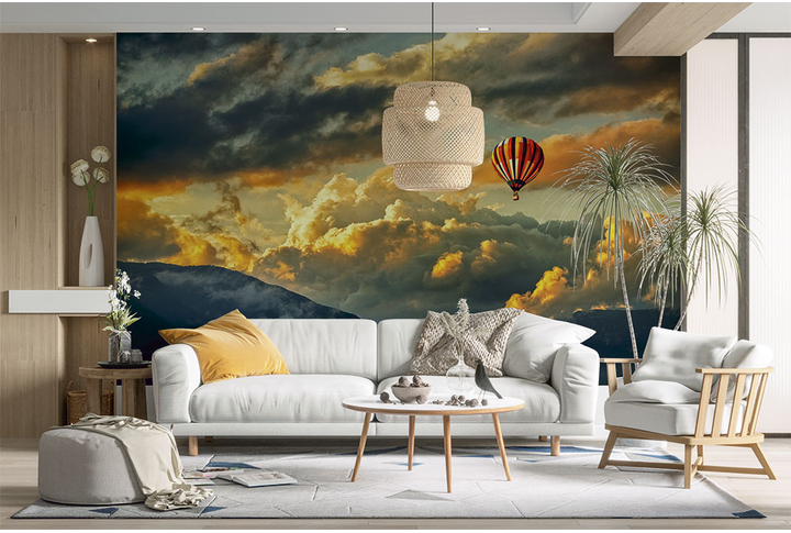 Фотообои «Воздушный шар на фоне облаков в горах» в интерьере