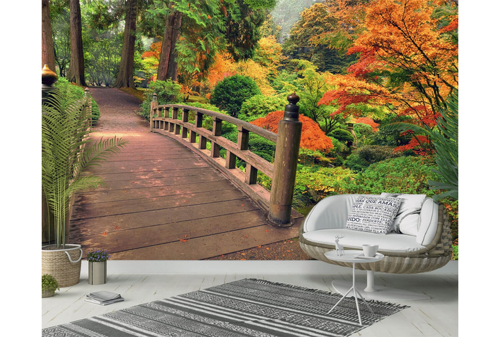 Фотообои «Деревянный мостик в осеннем лесу» в интерьере
