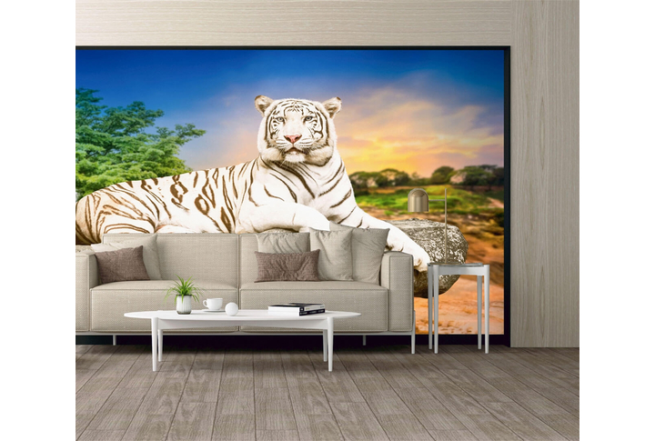 Фотообои «Белый тигр на камне в саванне» в интерьере
