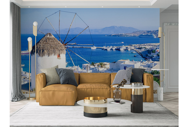 Фотообои «Мельница на острове Санторини» в интерьере