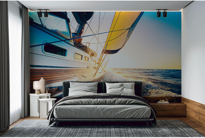 Фотообои «Яхта под парусом на морских волнах» в интерьере