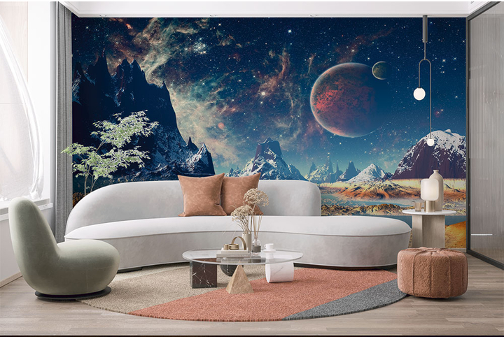 Фотообои «Космический пейзаж далекой планеты» в интерьере