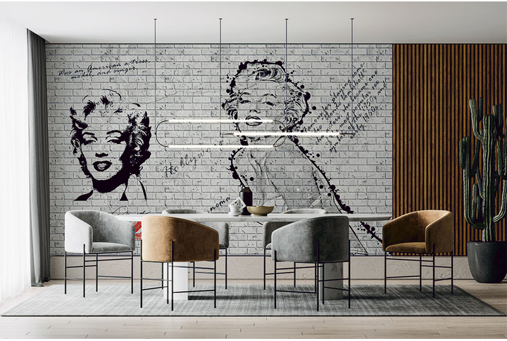 Фотообои «Рисунки с Мерилин Монро на кирпиче» в интерьере