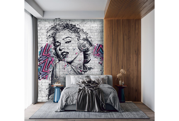 Фотообои «Мэрилин Монро граффити на кирпиче под лофт» в интерьере