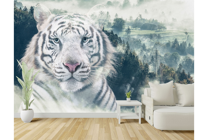 Фотообои «Тигр на фоне туманного леса» в интерьере
