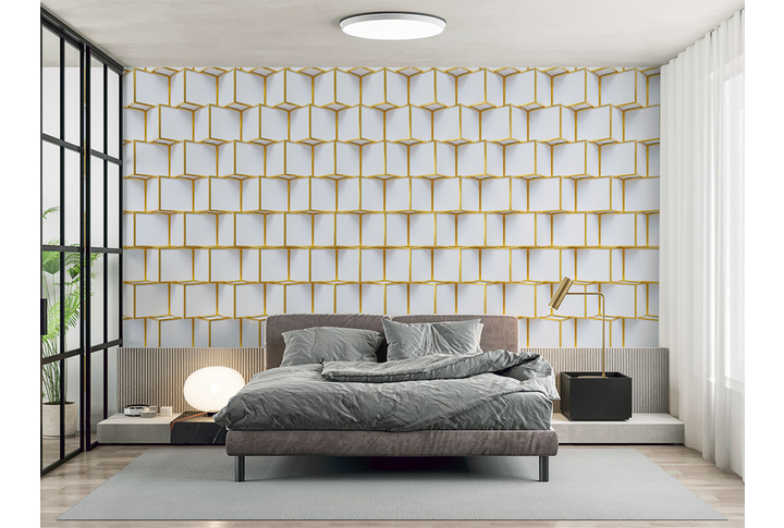 Фотообои «Белые кубы с золотом» в интерьере