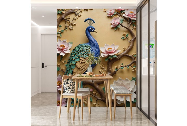 Фотообои «Барельеф с павлином и магнолиями» в интерьере