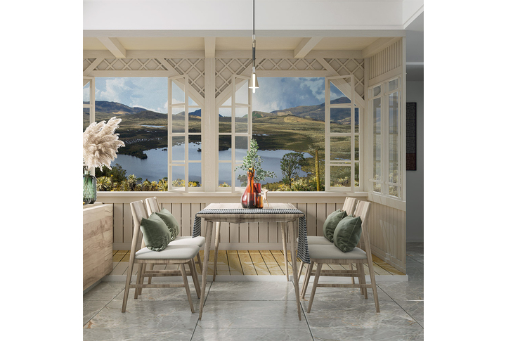 Фотообои «Терраса с видом на умиротворяющую природу» в интерьере