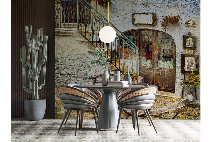 Фотообои «Старый дворик с велосипедом у дома» в интерьере