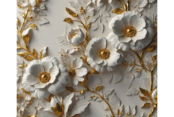 Фотообои «Барельеф цветы с золотом на штукатурке»